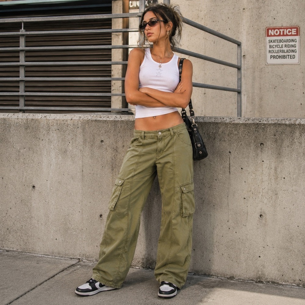 Levis Superlow Cargo Pants 31x32 Olive Green Cotton Linen Utility Y2K Grunge